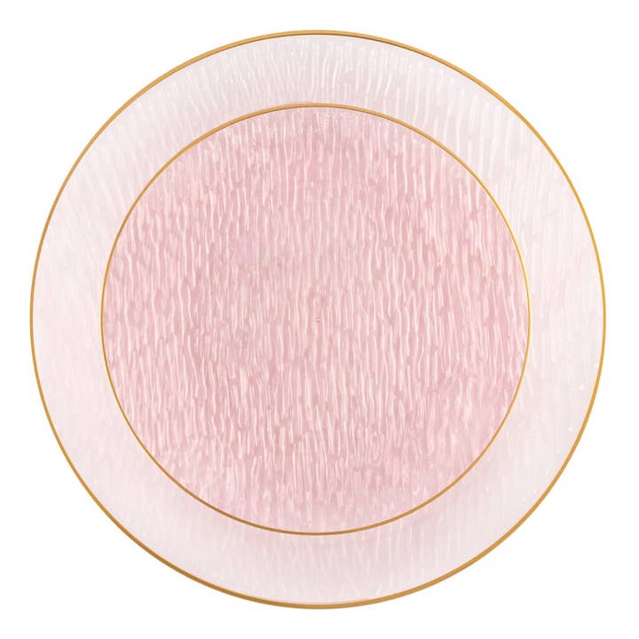 24 Pack Transparent Pink and Gold Rim Round Plastic Dinnerware Set (12 Guests) - Icicles for wholesale by Posh Setting