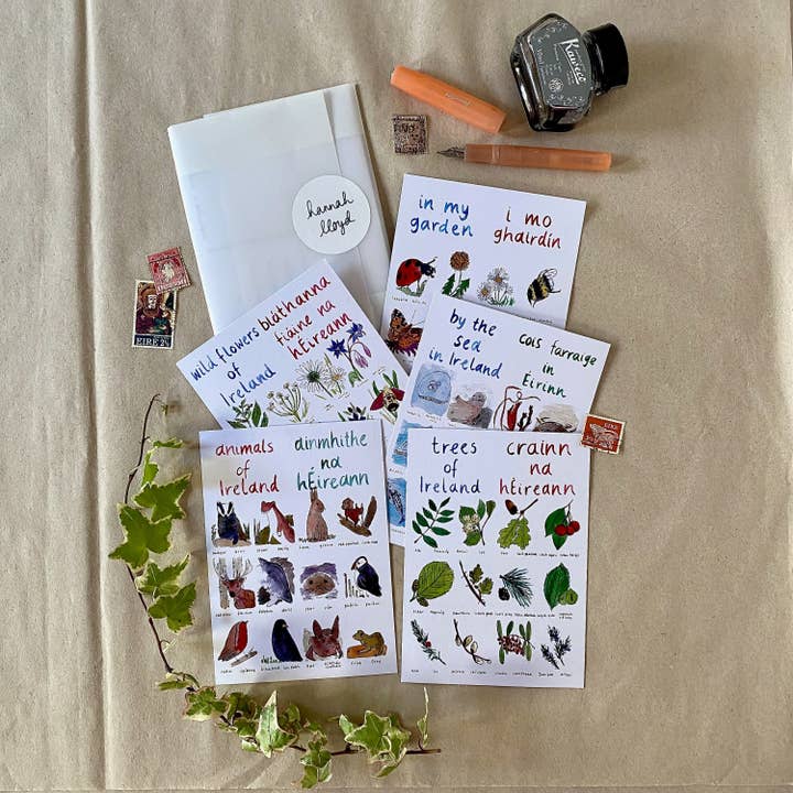 A6 Postcard Pack of Five – Irish language postcards – Irish for wholesale by Hannah Lloyd Art