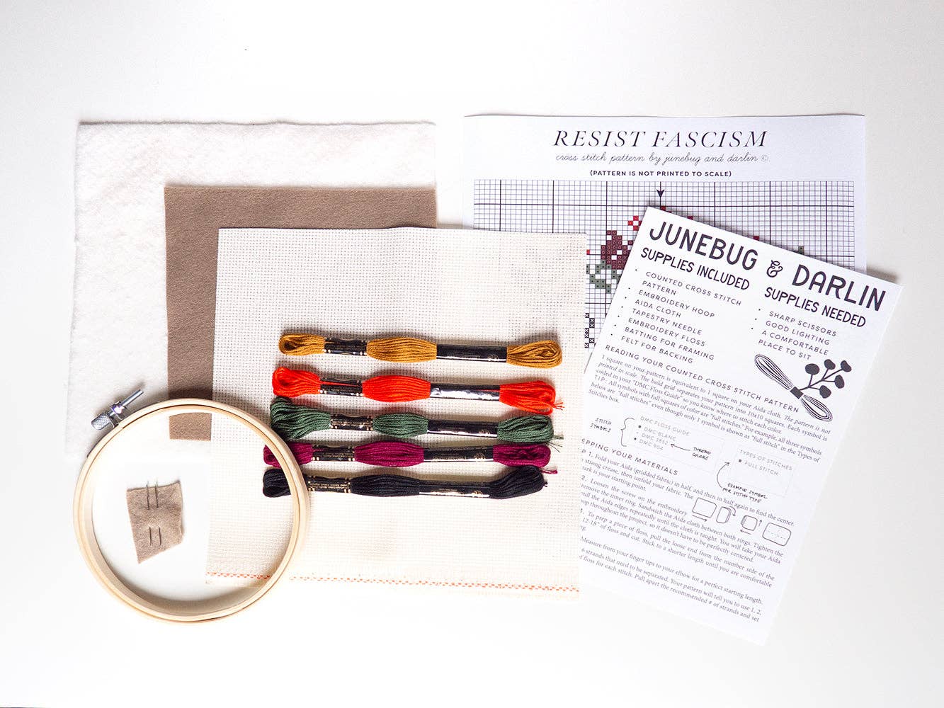 Junebug and Darlin - Wholesale Embroidery/Cross Stitch Supplies - Resist Fascism Kit2