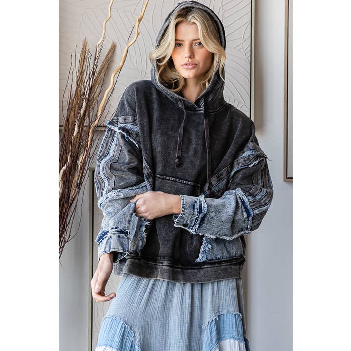 WASHED MIXED DENIM HOODED PULLOVER TOP for wholesale by Oli&Hali
