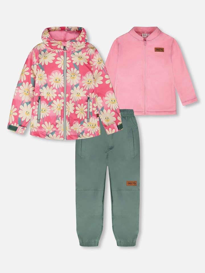 Set di abbigliamento esterno a due pezzi 3 in 1 di mezza stagione con stampa di fiori sorridenti rosa per la vendita all'ingrosso da parte di Deux par Deux