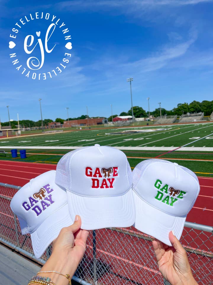 Game Day Football Bow Embroidered Trucker Hat/School Spirit for wholesale by EstelleJoyLynn, LLC