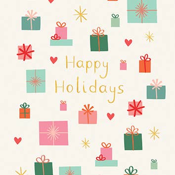 PRESENTS HOLIDAY GREETING CARD 4.5 x 6.25" for wholesale by Calypso Cards LLC