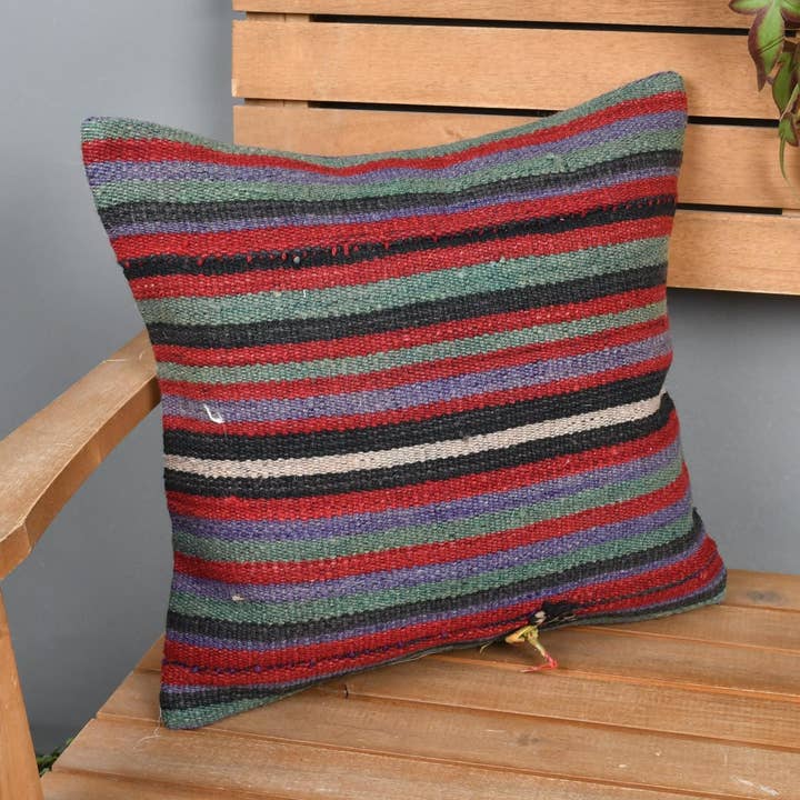 Vintage Red Kilim Pillow, 16x16, Striped Design, 40x40-24463 for wholesale by The Loom Wholesale