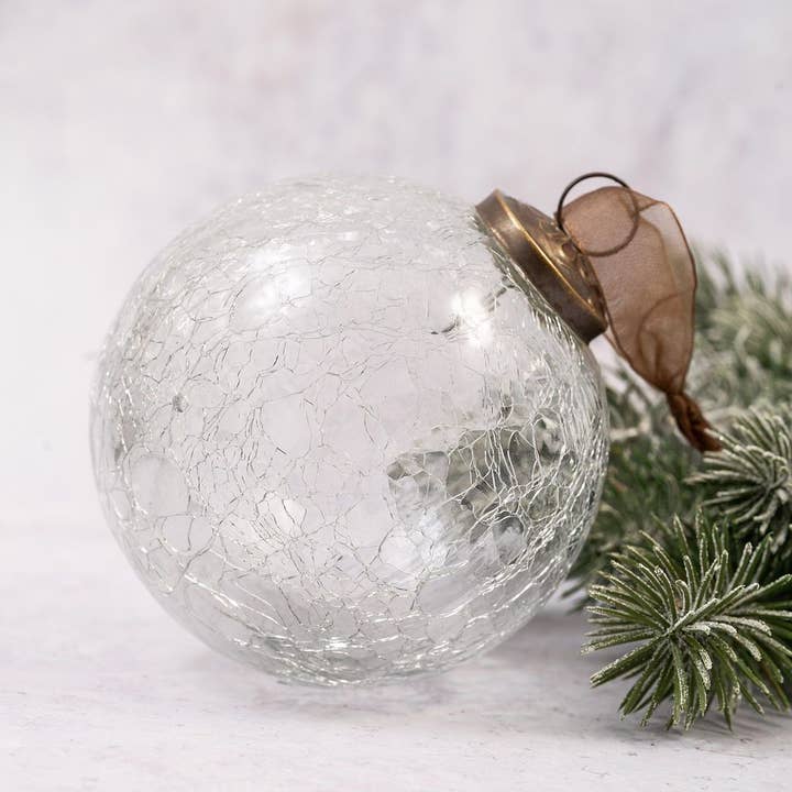 4" Extra Large Clear Crackle Glass Christmas Bauble for wholesale by Bollywood Christmas