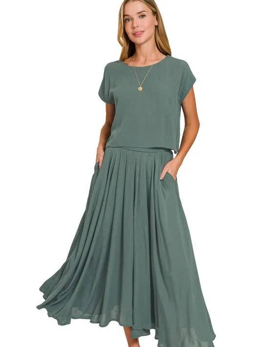 Garden Naked Zenana Woven Crinkle Gauze Crop Tee and Skirt Set for wholesale by Garden Naked