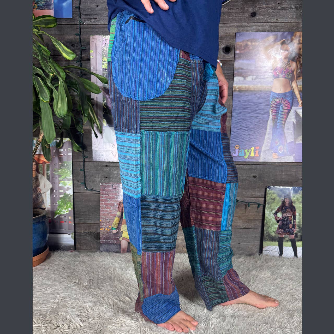 Jayli Clothing - Wholesale Pants - Men's - Striped Patchwork Zipper Pocket Pants Elastic Waist Hippie0
