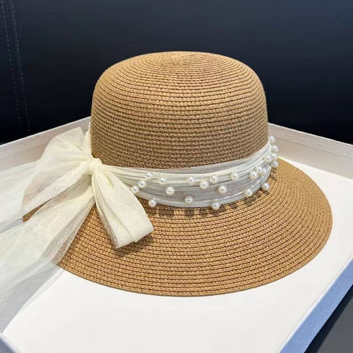 ACCITY - Wholesale Straw Hat - Women's - Summer Elegant Pearl Bow Straw Hat for Women_CWAH3401