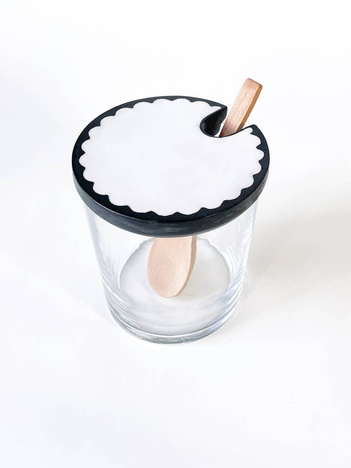 Glass Sugar Pot with Scallop Lid & Wooden Spoon for wholesale by Casa Mescla