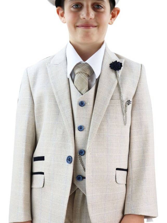 Boys 3 Piece Cream Herringbone Tweed Check Classic Suit for wholesale on Faire