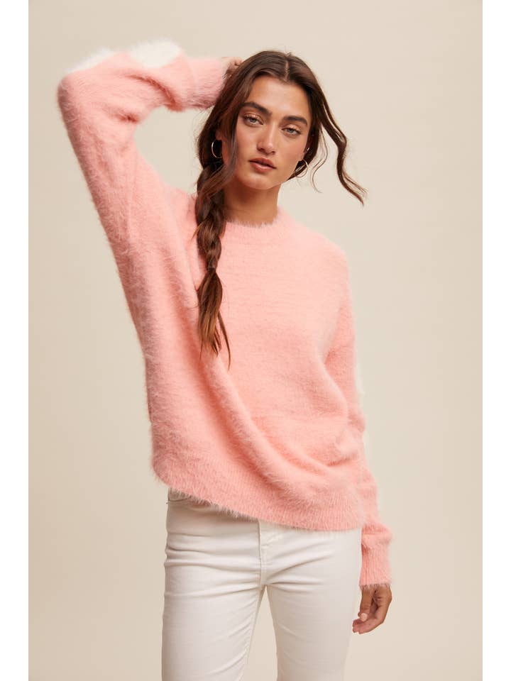 Listicle - Wholesale Knit Sweater - Women's - Fuzzy Heart-Sleeve Pullover Sweater LSW087234
