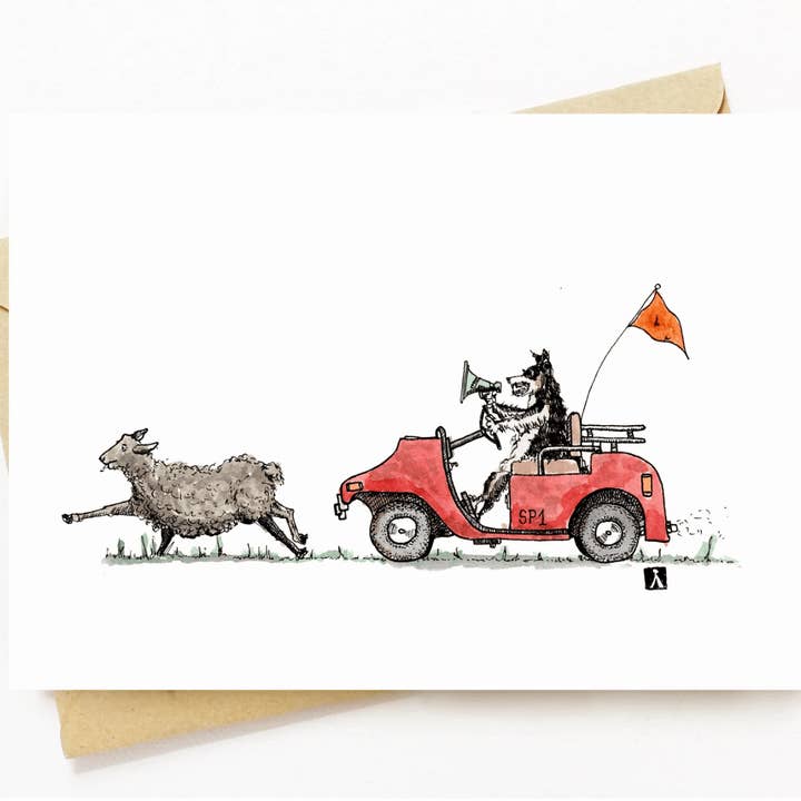 Biglietto di auguri 5x7 con cane pecora che insegue pecore per la vendita all'ingrosso da parte di Bellavance Ink