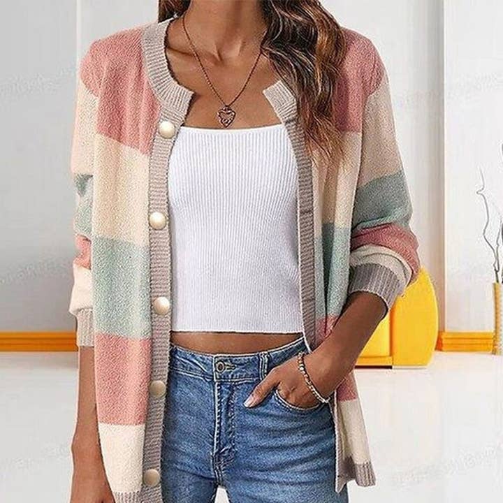 STYLISH COLOR-BLOCK BUTTON-UP CARDIGAN SWEATER for wholesale by Lily Clothing