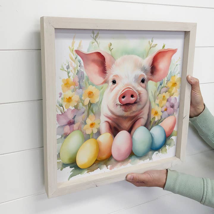 Hangout Home – wholesale Art print – Easter Eggs Pig - Springtime Piggy Canvas Art - Wood Framed