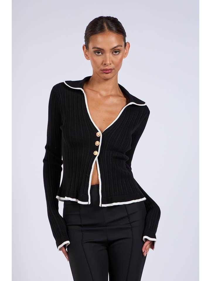 Sky to Moon - Wholesale Cardigan - Women's - LINE POINT COLOR COLLARED KNIT SWEATER CARDIGAN