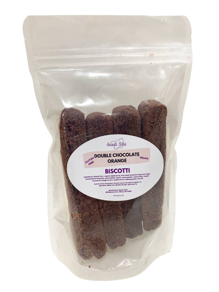 GF + Vegan Double Chocolate Orange Biscotti 8oz Bag for wholesale by Sweet Eats