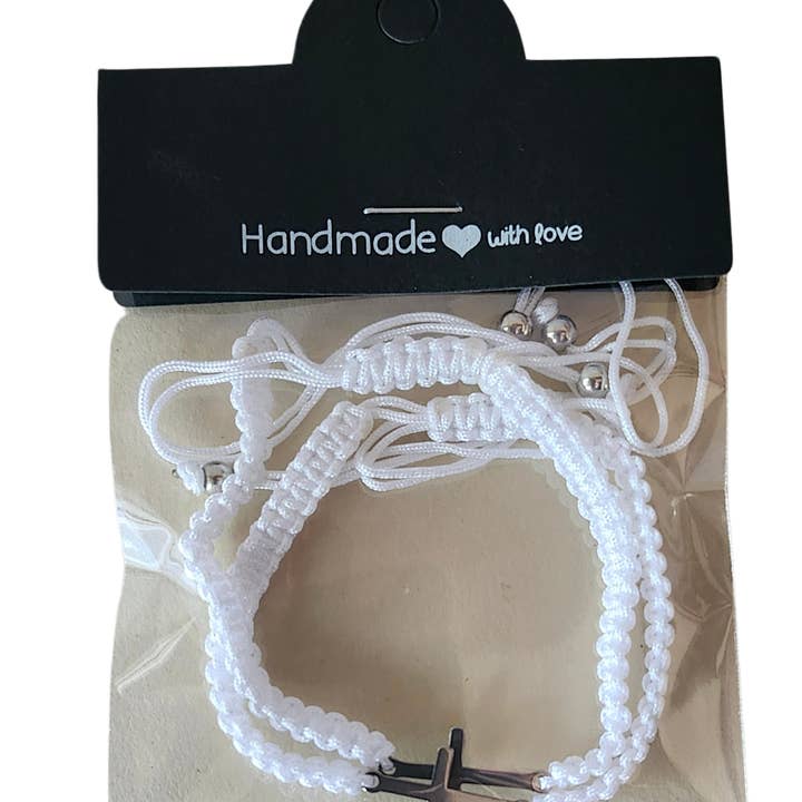 Paradise Island Gold and Silver - Wholesale Woven/Braided Bracelet - 50 Cross Charm Friendship Bracelets +Free Heart Prayer bowl