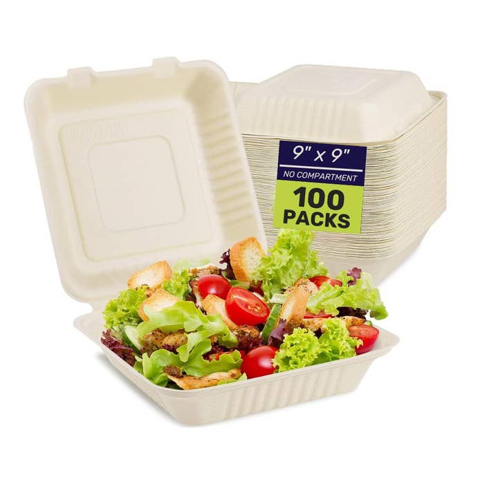 9" X 9" Compostable Bagasse Clamshell Eco-Friendly 100 Packs for wholesale by Sogreenpack