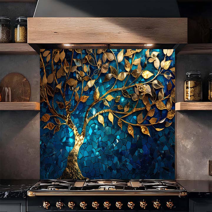 Glass Kitchen Backsplash - Wholesale Wall Accent - Custom Kitchen Backsplash – Golden Mosaic Look Tree Tempered Glass Backsplash5