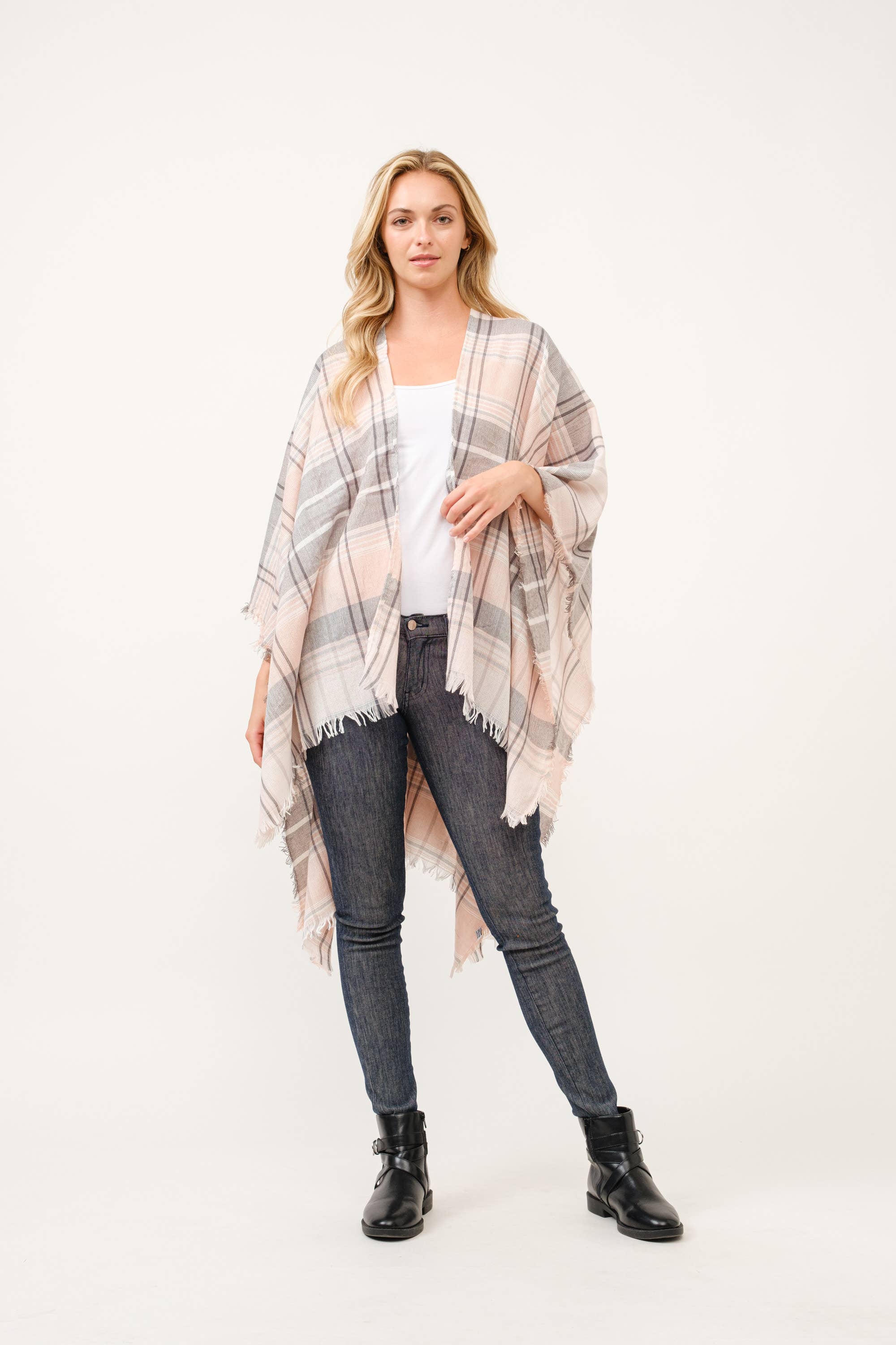 Raj Trading & Imports (USA) Inc. - Wholesale Kimono - Women's - Autumn Plaid Fringe Poncho Kimono Ruana1