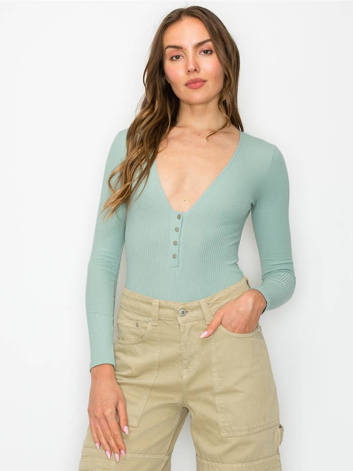 V-neck Long Sleeve Snap Button Cotton Bodysuit (Pistachio) for wholesale by Makers of Dreams