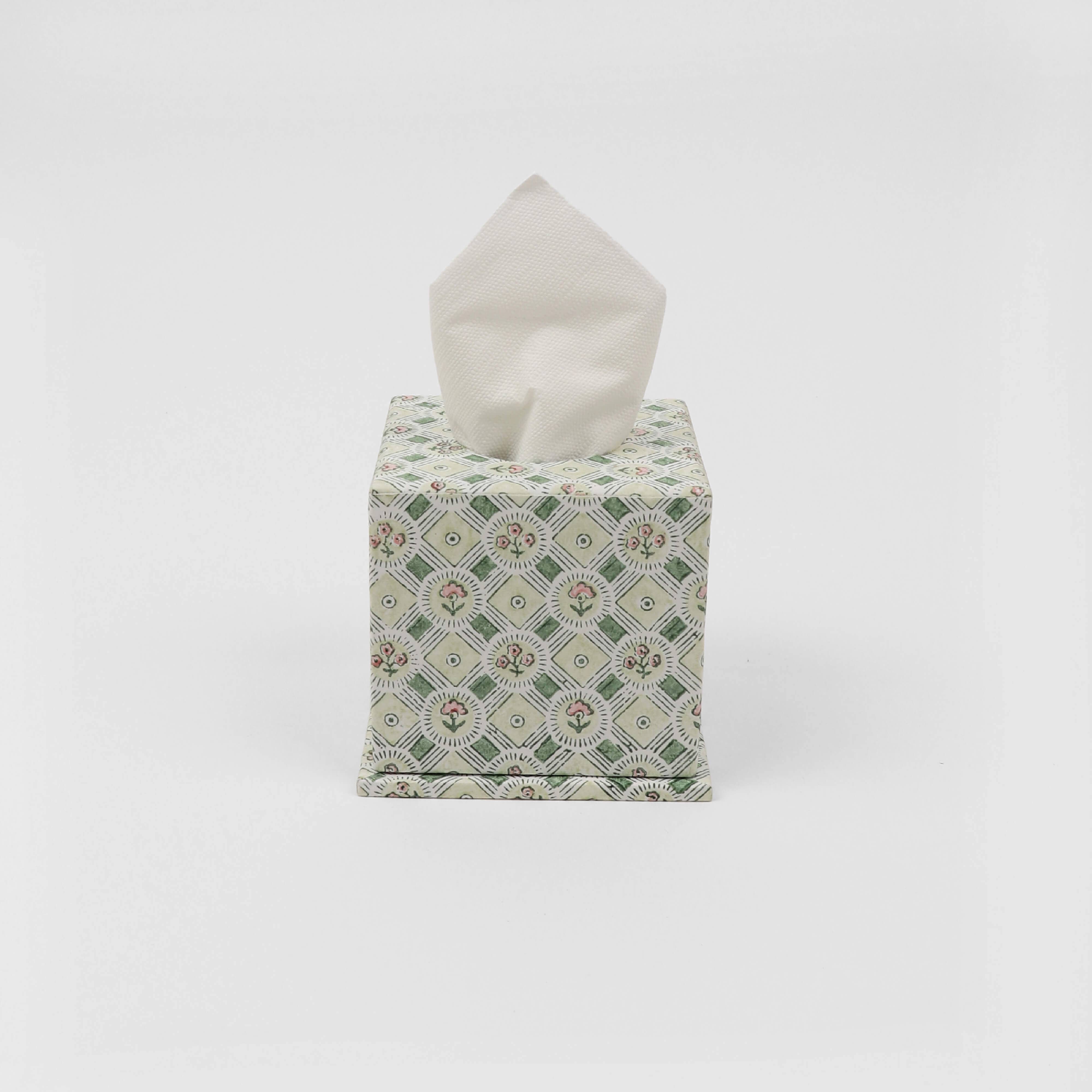 Craft Boat - Wholesale Tissue Box - BLOCK PRINTED TISSUE BOX - SPRING BLOOM GREEN