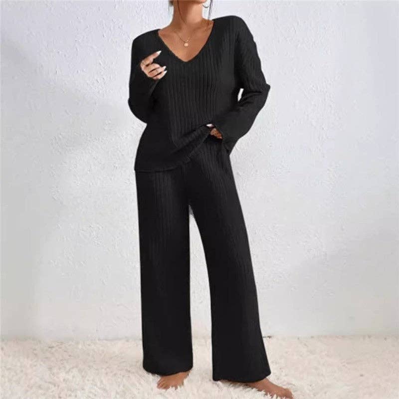 FurDecoration - Wholesale Lounge Set - Women's - V-Neck Loose Knit Fleece Long Sleeve Top Pants Set0