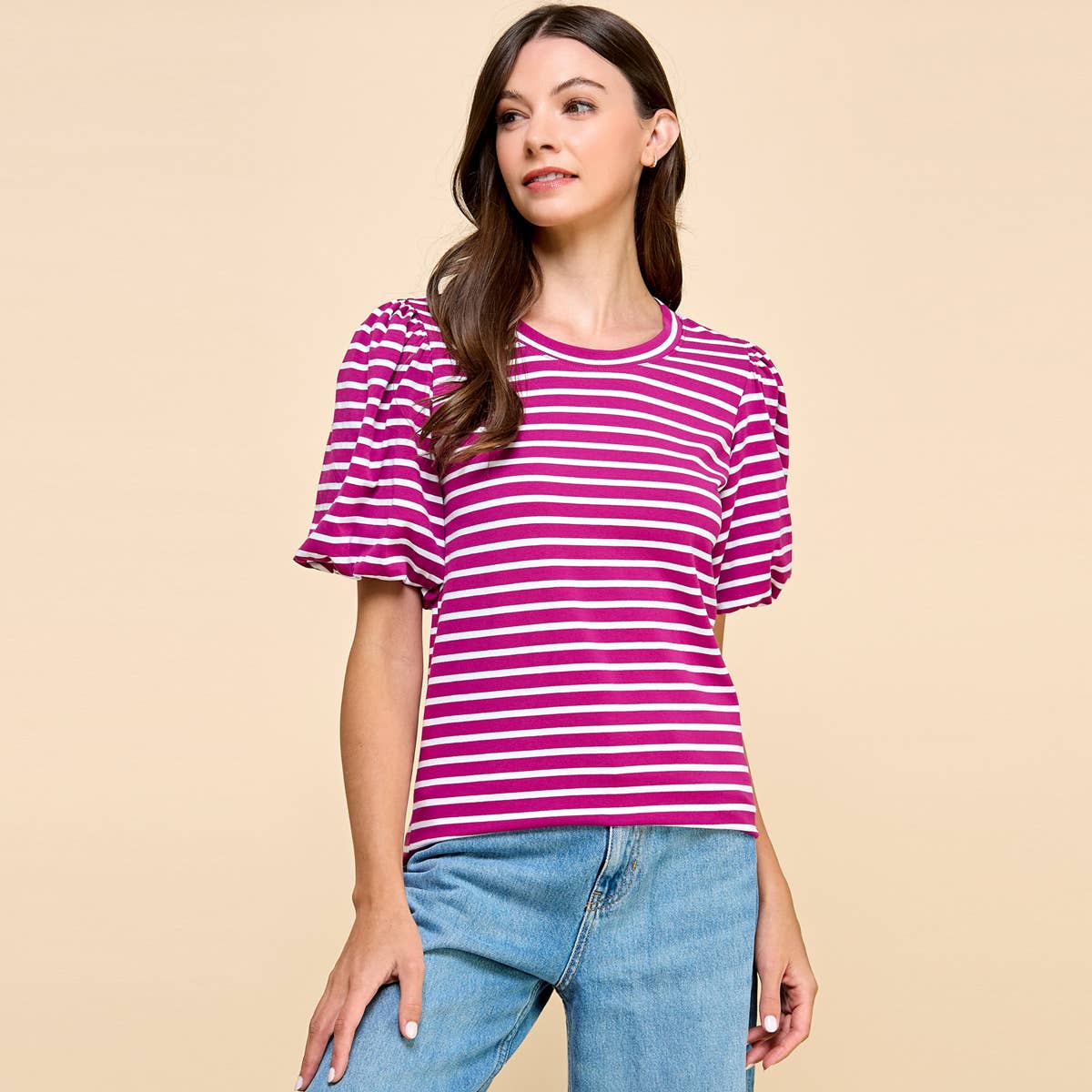 Les Amis – Großhandel Bluse – Damen – Gestreiftes Top mit Puffärmeln3
