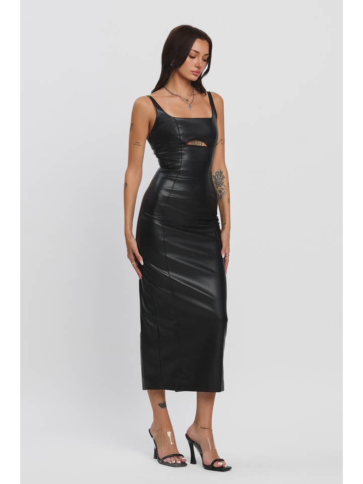 No Vacancy - Wholesale Jurk - Dames - Mouwloze midi-jurk van kunstleer met uitsnijdingen