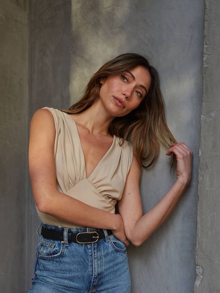 Lifted Fit Deep V Neck Gather Open Back Bodysuit for wholesale by Promesa USA