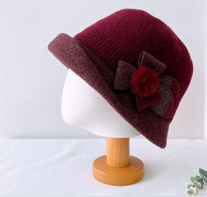 Comfortarians – wholesale Bucket hat – Women's – Women's Winter Bungee Bucket Hat Stitched Wool Flower Angora1