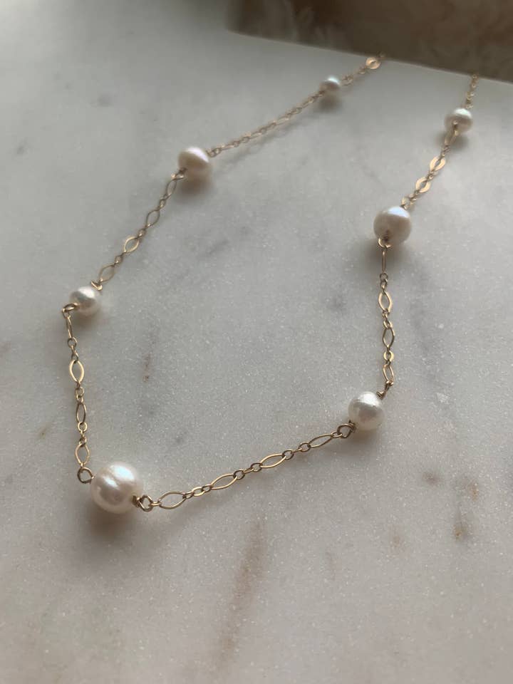 14K Gold-Filled And Pearl Beaded Necklace • White Pearl Satellite Necklace • Boho Bridal Necklace • Beaded Pearl Necklace • Gifts For Her for wholesale by Georgia Marie Designs