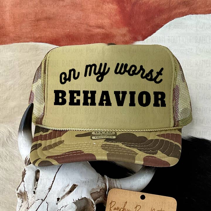 On My Worst Behavior Western Trucker Hat for wholesale by Ranchy Roan Boutique