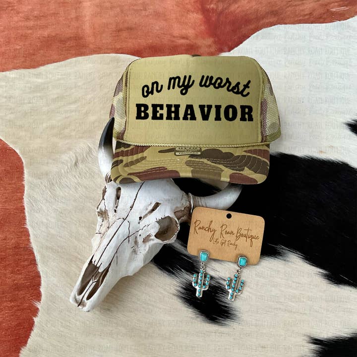 On My Worst Behavior Western Trucker Hat for wholesale by Ranchy Roan Boutique