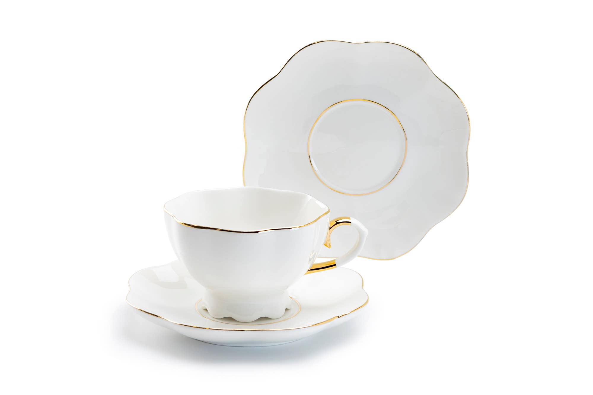 Grace Teaware - Wholesale Coffee/Tea Cup - White Gold Scallop 7.5oz Fine Porcelain Tea Cup and Saucer3
