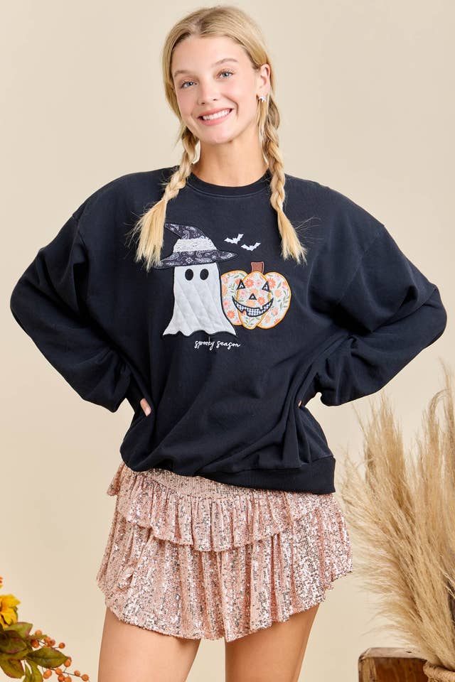 BLACK Halloween Patchwork Long Sleeve Crewneck With Mineral Wash for wholesale on Faire6