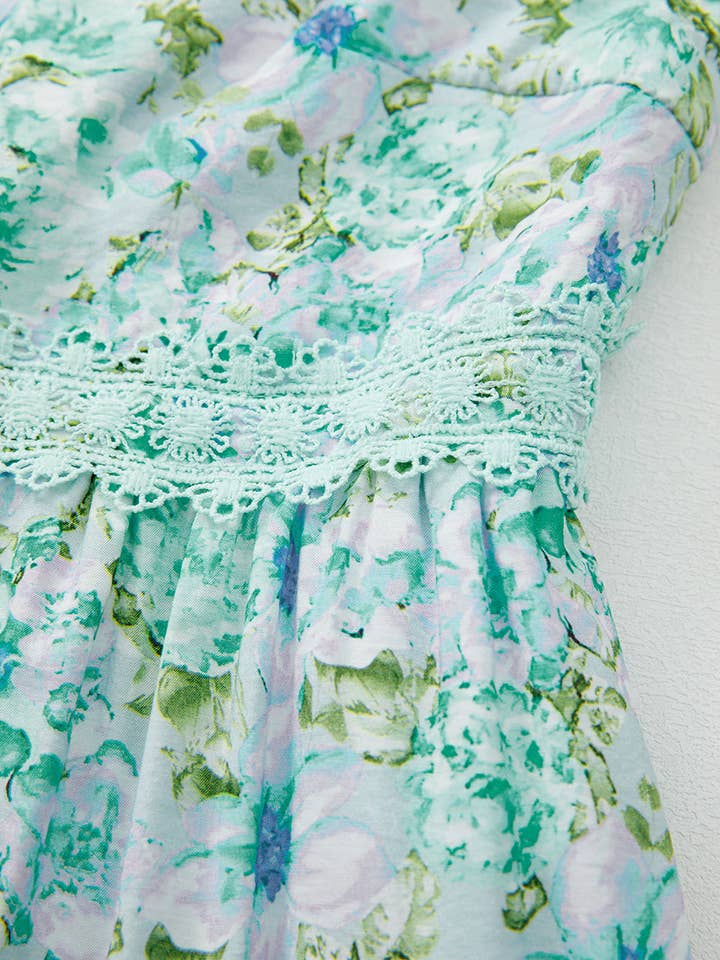 Lovesoft - Wholesale Dress - Women's - Green Floral Lace Tied Strap Empire Waist Maxi Dress