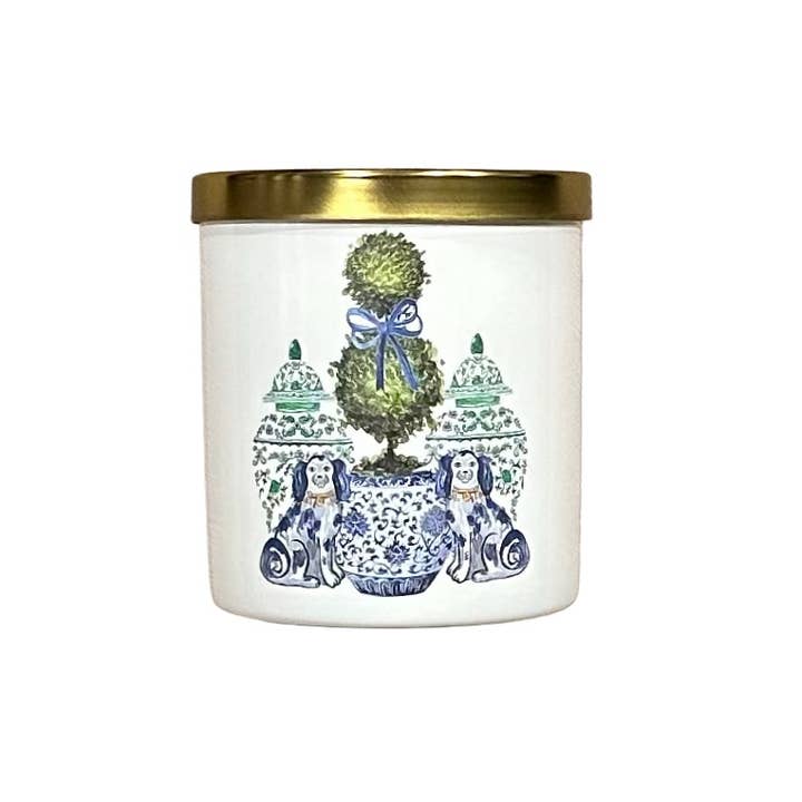 Candela in Vetro Sottile Bianca con Cani di Staffordshire per la vendita all'ingrosso da parte di The French Bee & Co