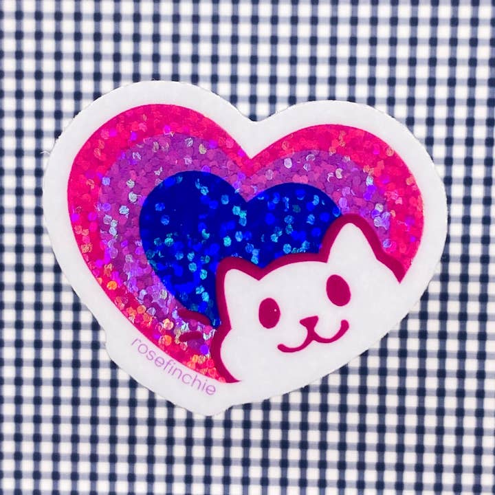 Bi Pride Cat Heart - 2” LGBT Glitter Sticker for wholesale by rosefinchie