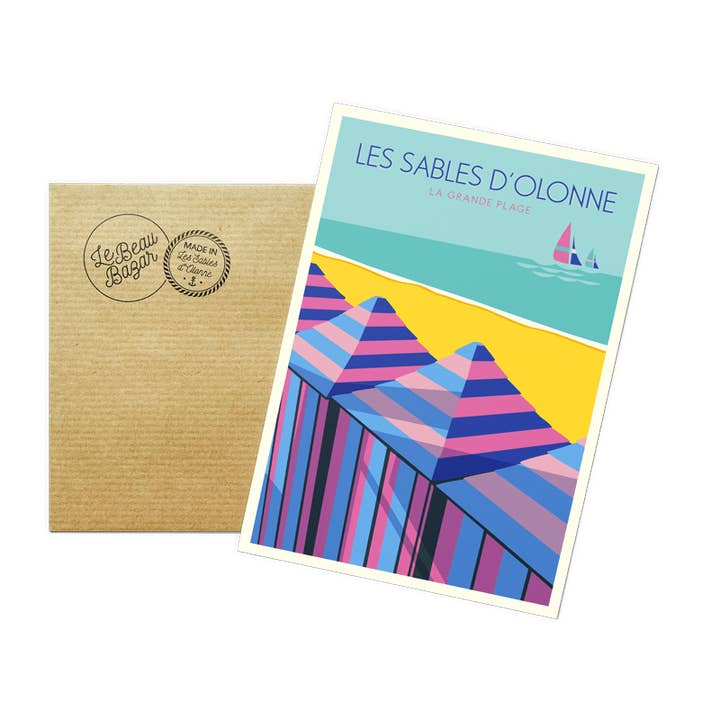 Postcard LES SABLES D'OLONNE Cabins Grand Beach for wholesale by Le Beau Bazar