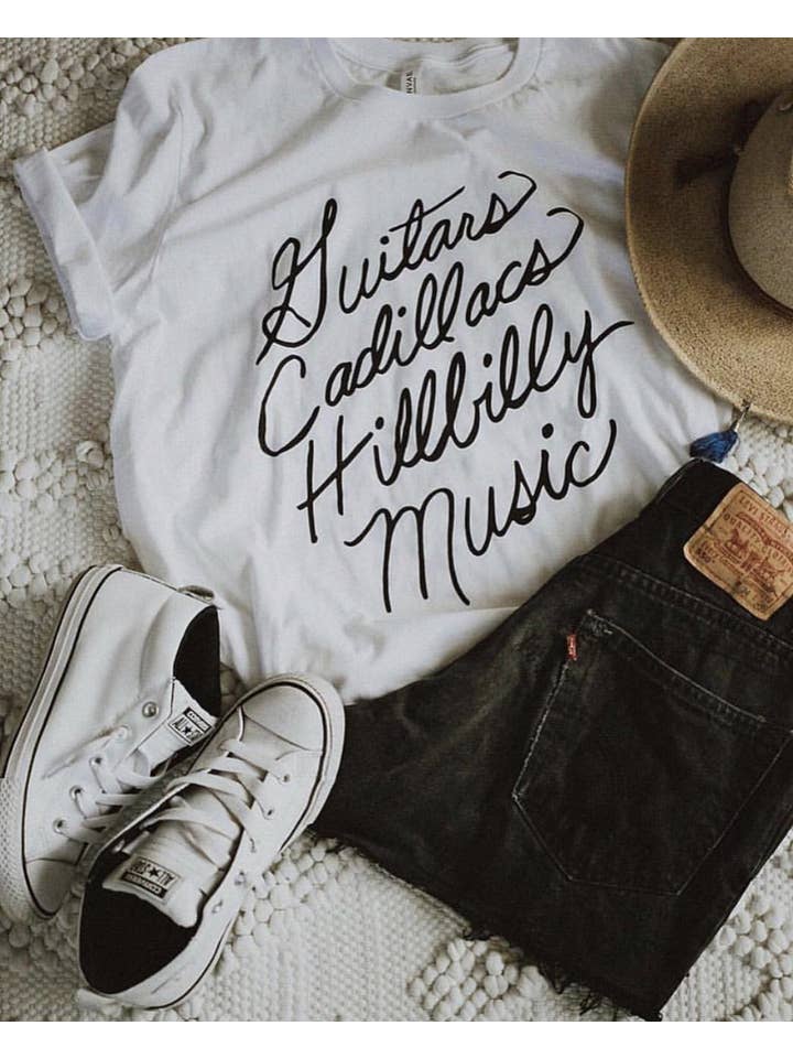 Hank & Scoot - Wholesale Screen Printed T-Shirt - Women's - Guitars Cadillacs- White Tee