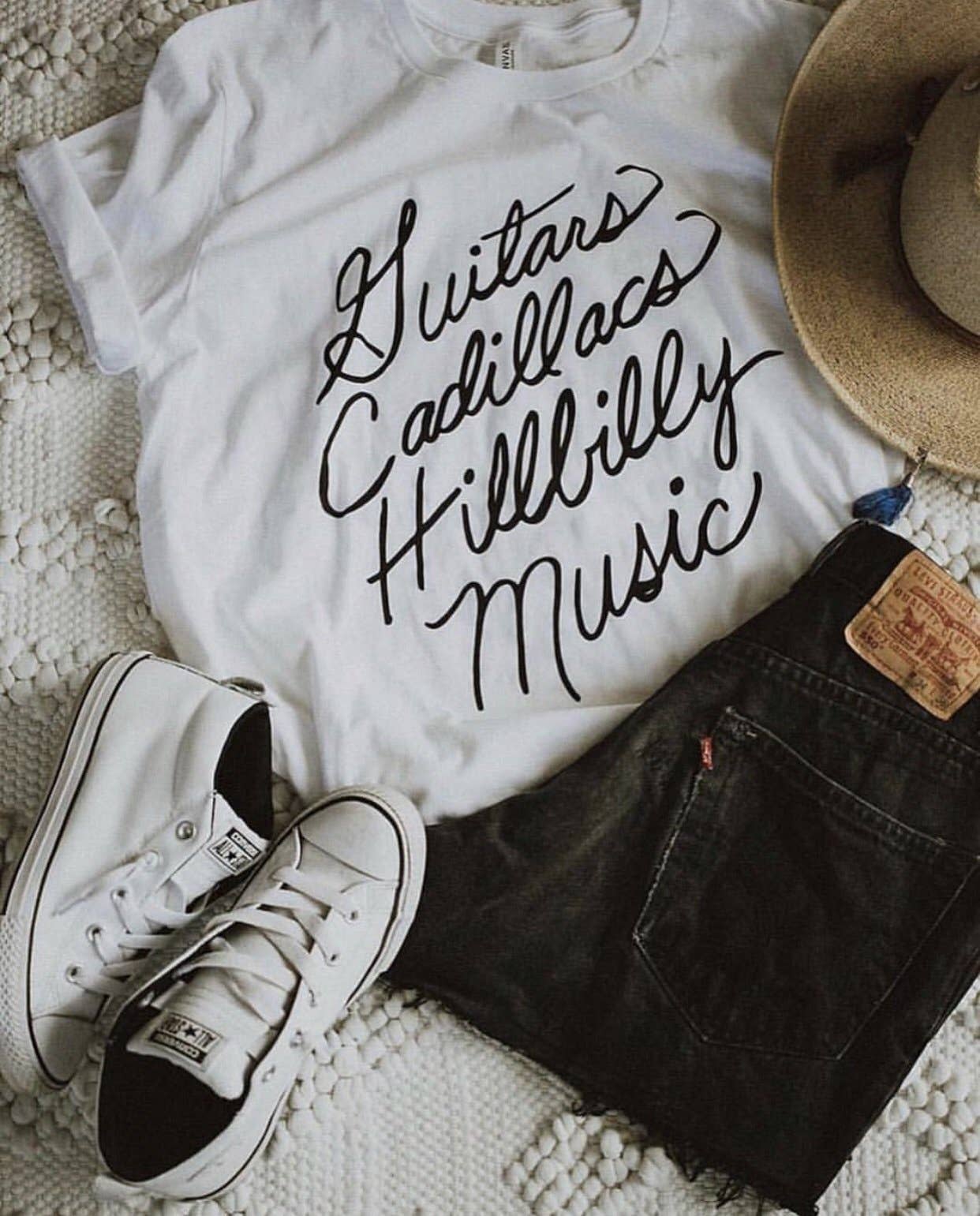 Hank & Scoot - Wholesale Screen Printed T-Shirt - Women's - Guitars Cadillacs- White Tee