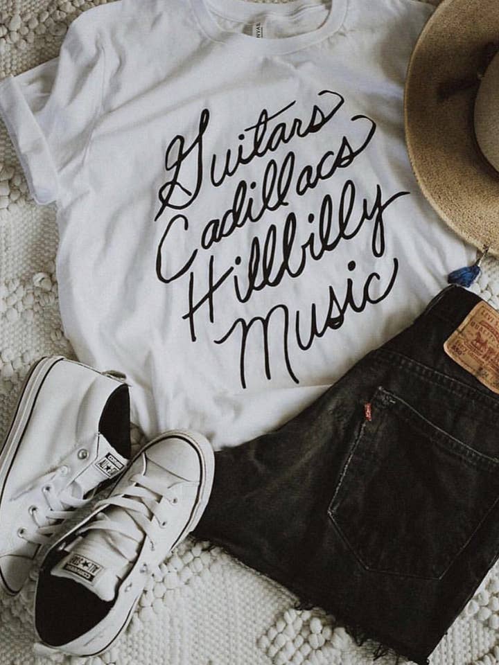 Guitars Cadillacs- White Tee for wholesale by Hank & Scoot