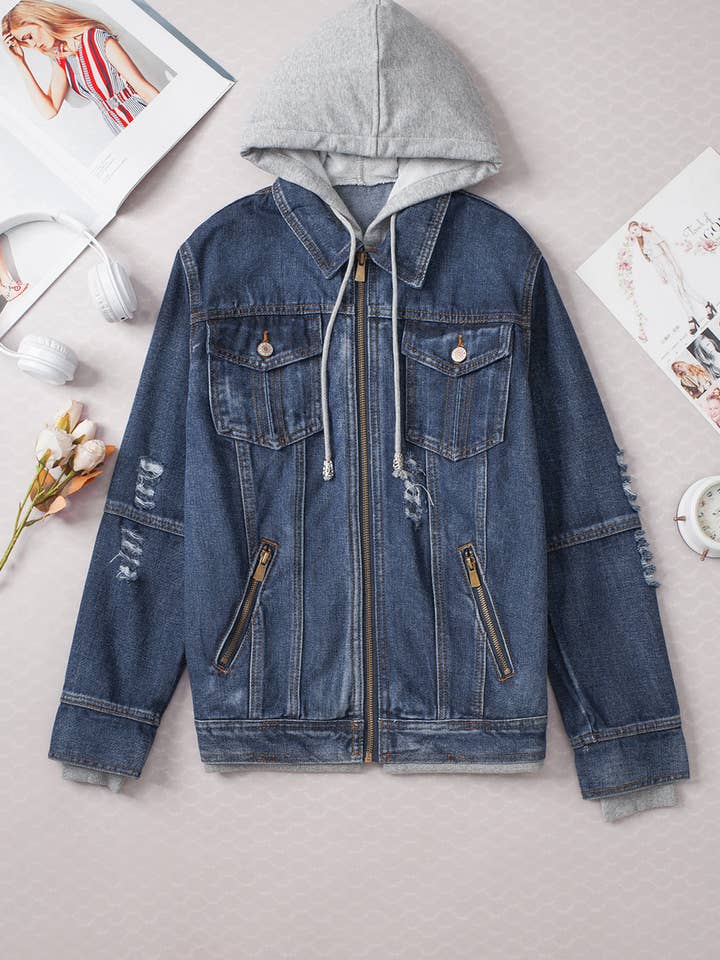 Dark Blue Fake Two-Piece Hooded Zip-Up Denim Jacket for wholesale on Faire3