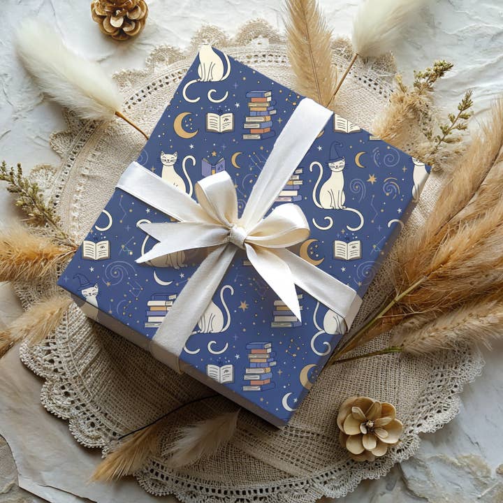 Lokipawz - Wholesale Flat Wrap - Purrfectly Bookish – Celestial Cat & Cozy Library Wrapping Paper9