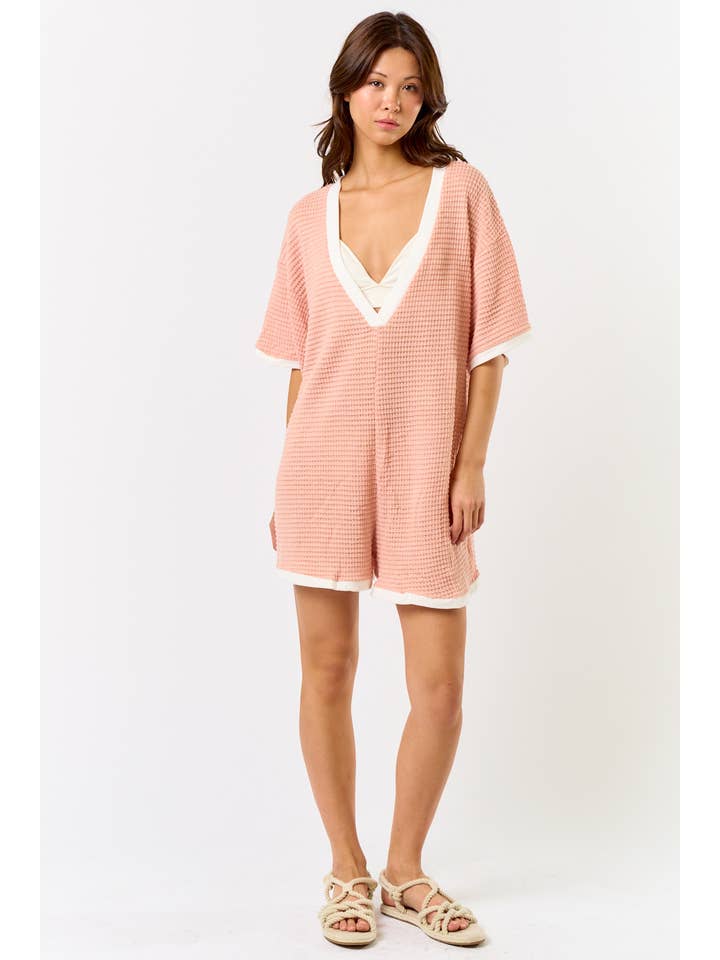 ROSE BR24220 CROCHET OPEN KNIT CONTRAST DEEP V-NECK ROMPER for wholesale on Faire