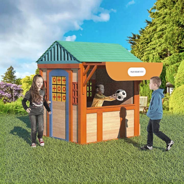 ShipItFurniture - Wholesale Wood Toy - Kids - Outdoor Playhouse for Age 3-8 Years Boy Girl, Wooden Cottage Playhouse with 4 Game Awning Window, Ball Wall & Tetris. Play House for Outdoor Garden, Lawn, Patio, Yard.