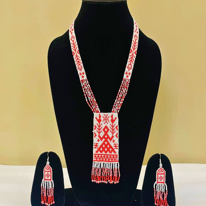 White Tribal Set | Beaded Jewelry | Red Pattern Jewelry for wholesale by House of Kraft Jewelry & Accessories