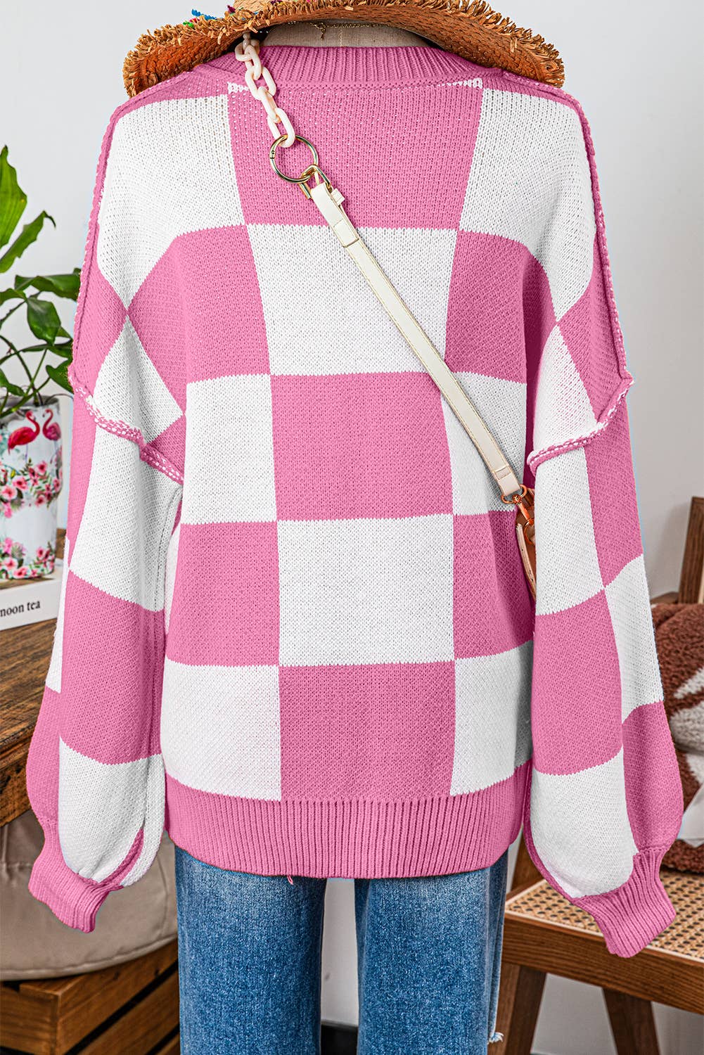 fashionworks - Wholesale Knit Sweater - Women's - Fashion-W Checkered Bishop Sleeve Sweater*S-2XL7