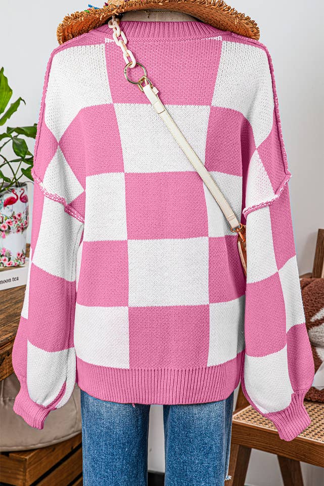 fashionworks - Wholesale Knit Sweater - Women's - Fashion-W Checkered Bishop Sleeve Sweater*S-2XL7
